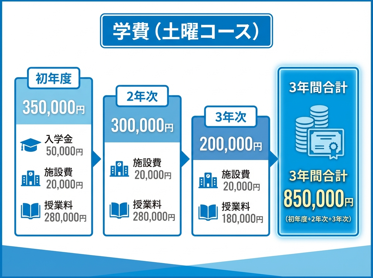 立志舎高等学校の土曜コース学費について、初年度・2年次・3年次の金額と内訳、3年間合計をブロック表示で整理した図