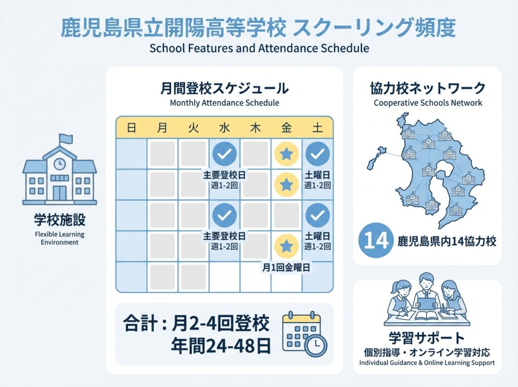 鹿児島県立開陽高等学校のスクーリング頻度を示すインフォグラフィック。水曜日と土曜日が基本登校日、月1回金曜日も登校可能。月2-4回登校、年間24-48日を明記。鹿児島県内14の協力校のネットワークも図示