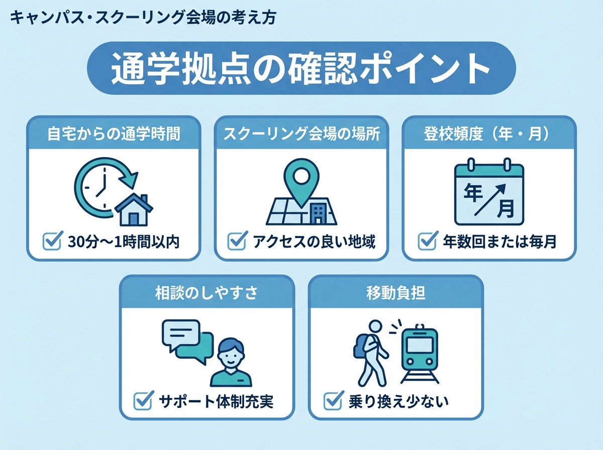 通学時間、スクーリング会場、登校頻度、相談のしやすさなど確認ポイントをチェック形式で示した青系フラットデザイン図

