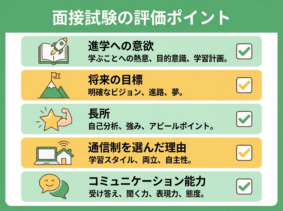 面接試験で評価される5つのポイントをチェックリスト形式で表示。進学への意欲・将来の目標・自分の長所・通信制を選んだ理由・コミュニケーション能力。グリーンとイエローの配色で親しみやすいデザイン。