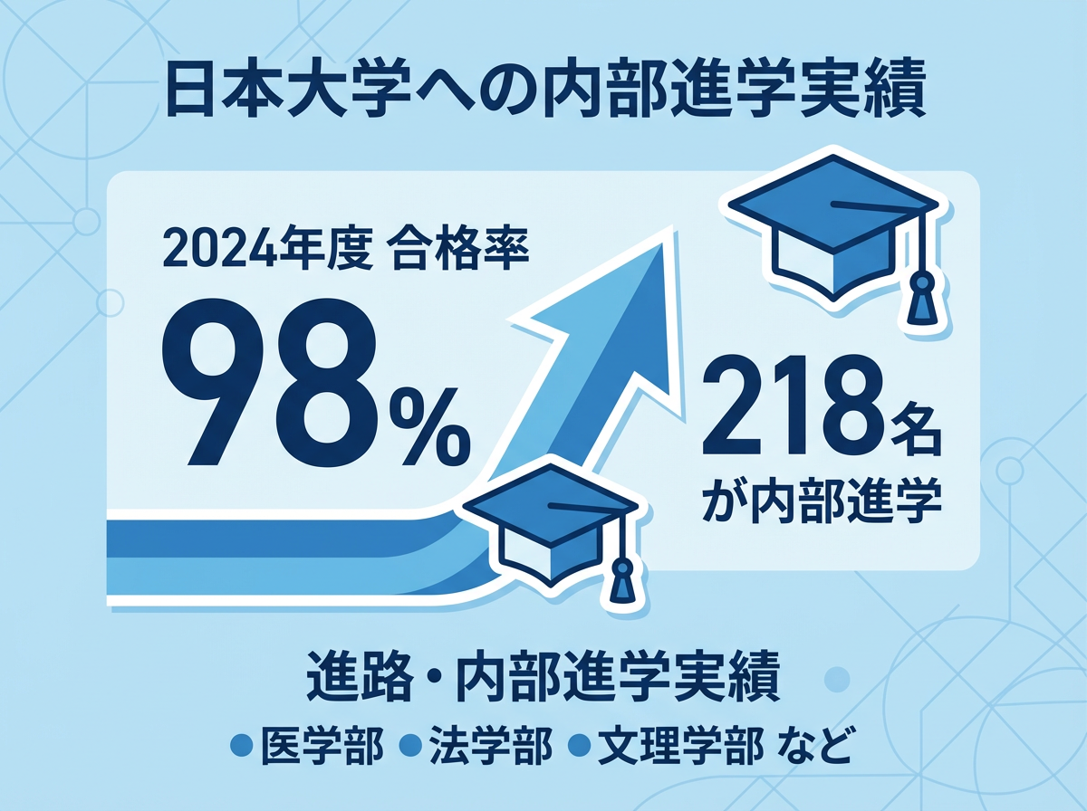 日本大学への内部進学実績（合格率や人数など）を強調し、進学イメージを持てるようにまとめた青系インフォグラフィック