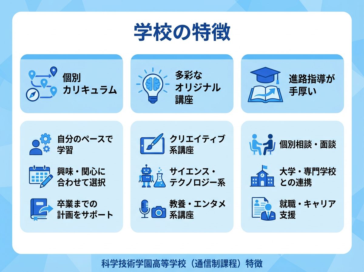 科学技術学園高等学校(通信制課程)の特徴として、個別カリキュラム、多彩なオリジナル講座、手厚い進路指導の3点を要約した青系フラット図