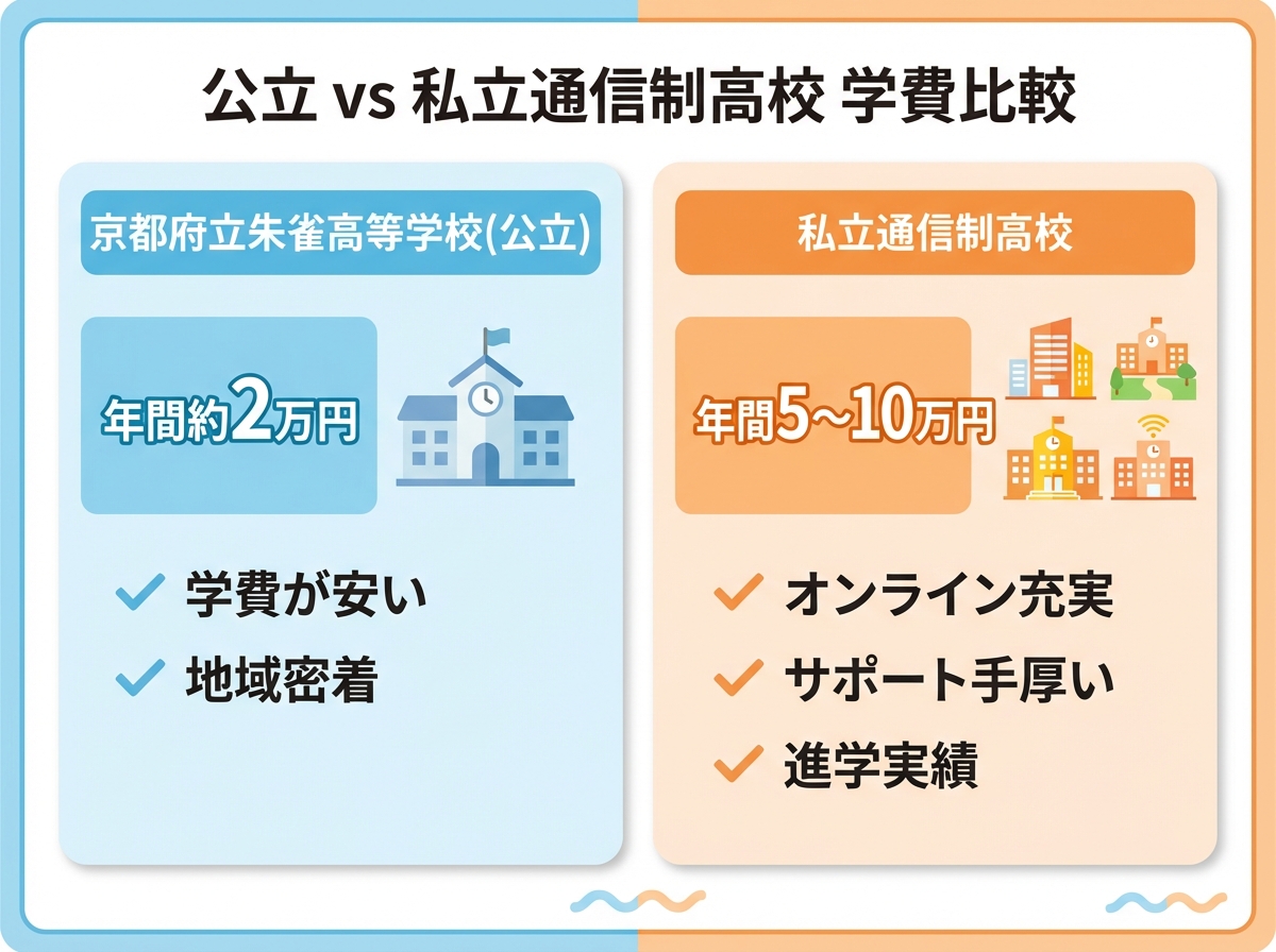 京都府立朱雀高等学校(公立)と私立通信制高校の学費比較。公立は年間約2万円で学費が安く地域密着、私立は年間5〜10万円でオンライン充実とサポート手厚い