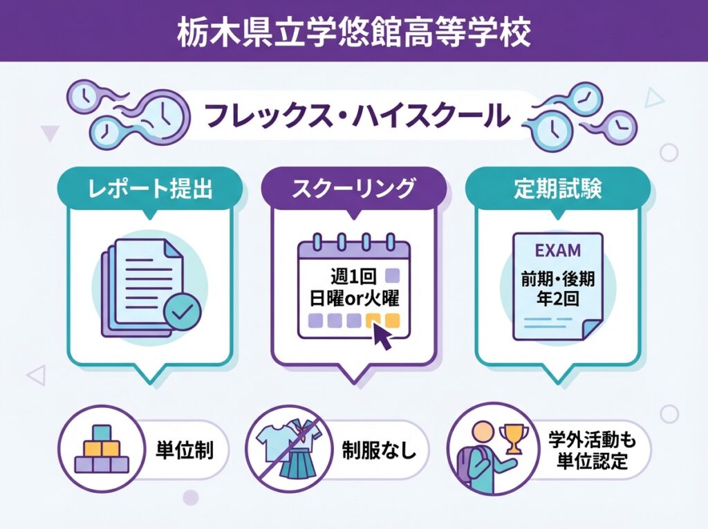 栃木県立学悠館高等学校の特徴を示すインフォグラフィック。フレックス・ハイスクールの概念、レポート提出・週1回スクーリング(日曜or火曜)・定期試験(前期後期年2回)の3つの学習柱、単位制、制服なし、学外活動も単位認定を図解。