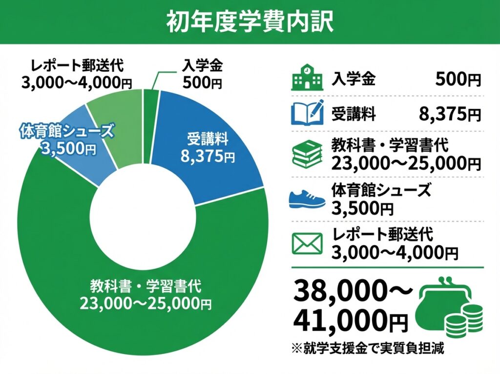 宮城県美田園高等学校の初年度学費内訳を円グラフで表示。入学金500円、受講料8,375円、教科書・学習書代23,000〜25,000円、体育館シューズ3,500円、レポート郵送代3,000〜4,000円で合計38,000〜41,000円