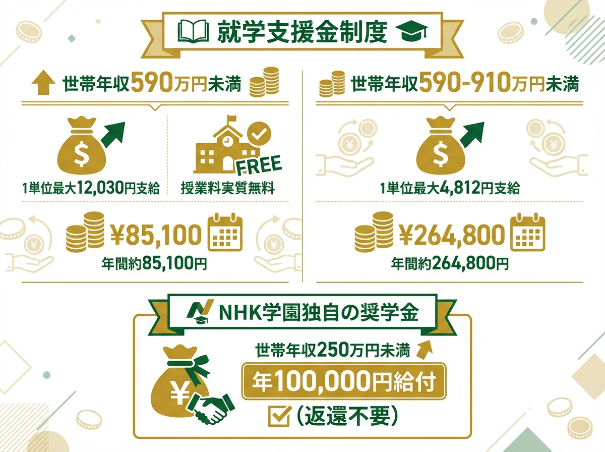 NHK学園高等学校の就学支援金制度を示すインフォグラフィック。世帯年収590万円未満で1単位最大12,030円支給・授業料実質無料・年間約85,100円、世帯年収590-910万円未満で1単位最大4,812円支給・年間約264,800円、NHK学園独自の奨学金として世帯年収250万円未満で年100,000円給付(返還不要)を金色と緑のカラースキームで表示