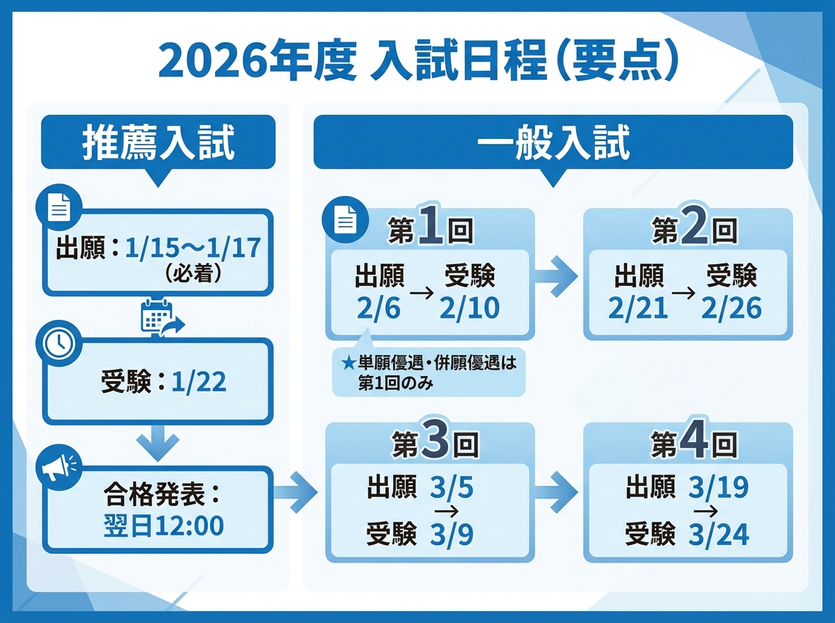 立志舎高等学校の2026年度入試日程を、推薦入試(出願・受験・発表)と一般入試(第1回〜第4回)でタイムライン表示したカレンダー風図解