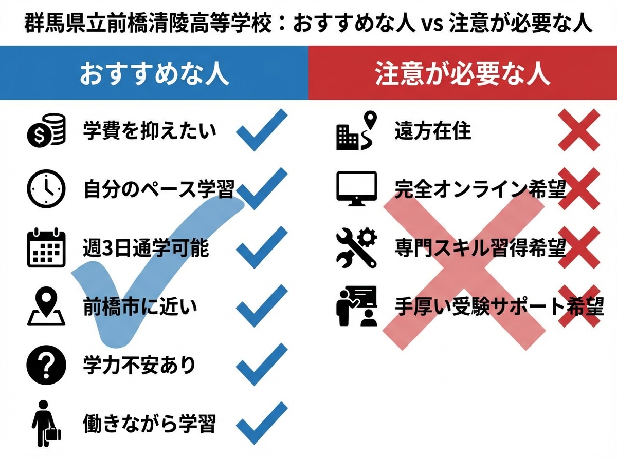 群馬県立前橋清陵高等学校がおすすめな人と注意が必要な人を左右対比で図解。おすすめ(学費を抑えたい、自分のペース学習、週3日通学可能など)、注意(遠方在住、完全オンライン希望、専門スキル習得希望など)。