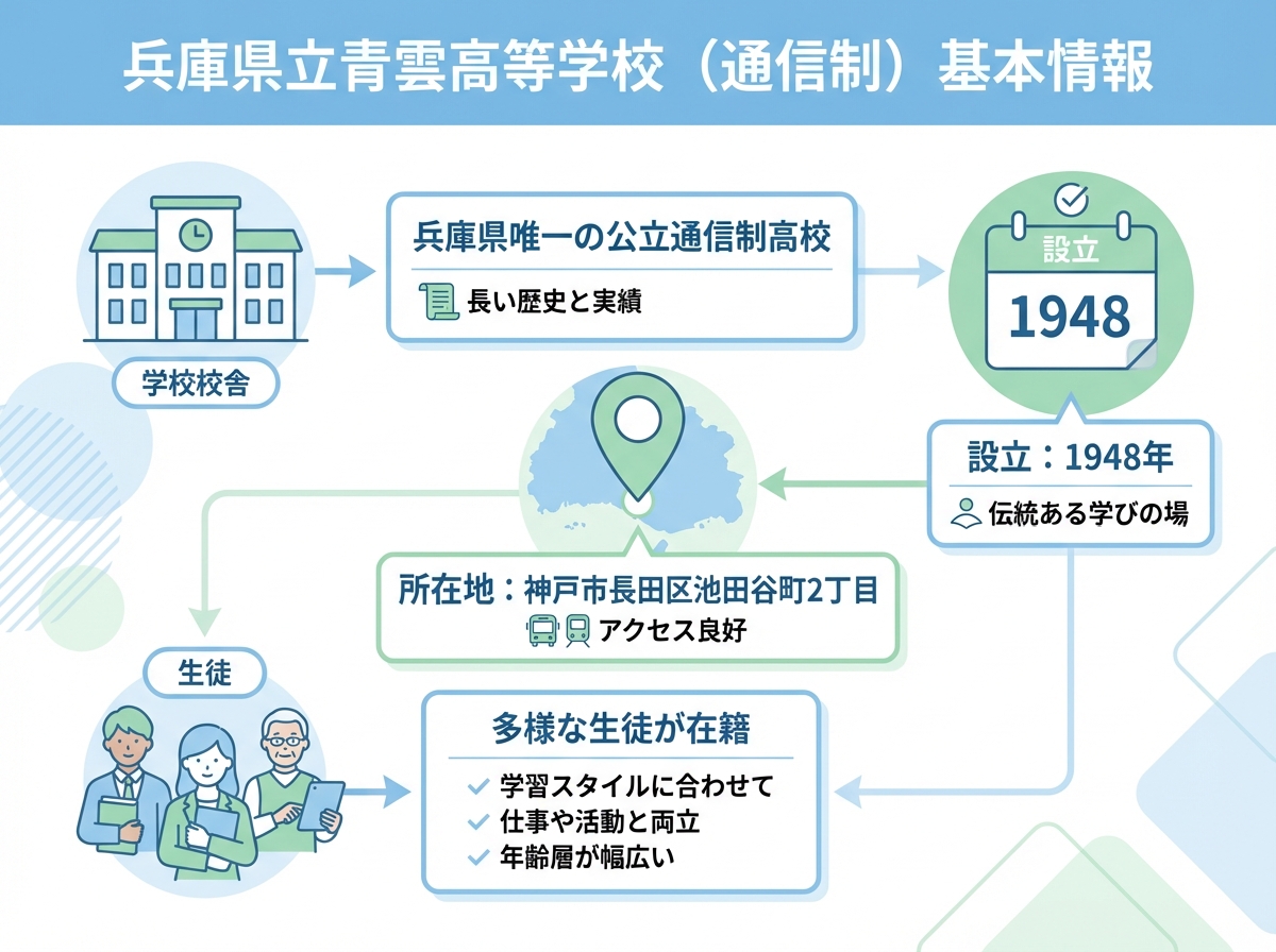 兵庫県立青雲高等学校（通信制）の基本情報を示すインフォグラフィック。所在地は神戸市長田区池田谷町2丁目、1948年設立、兵庫県唯一の公立通信制高校であることを示す