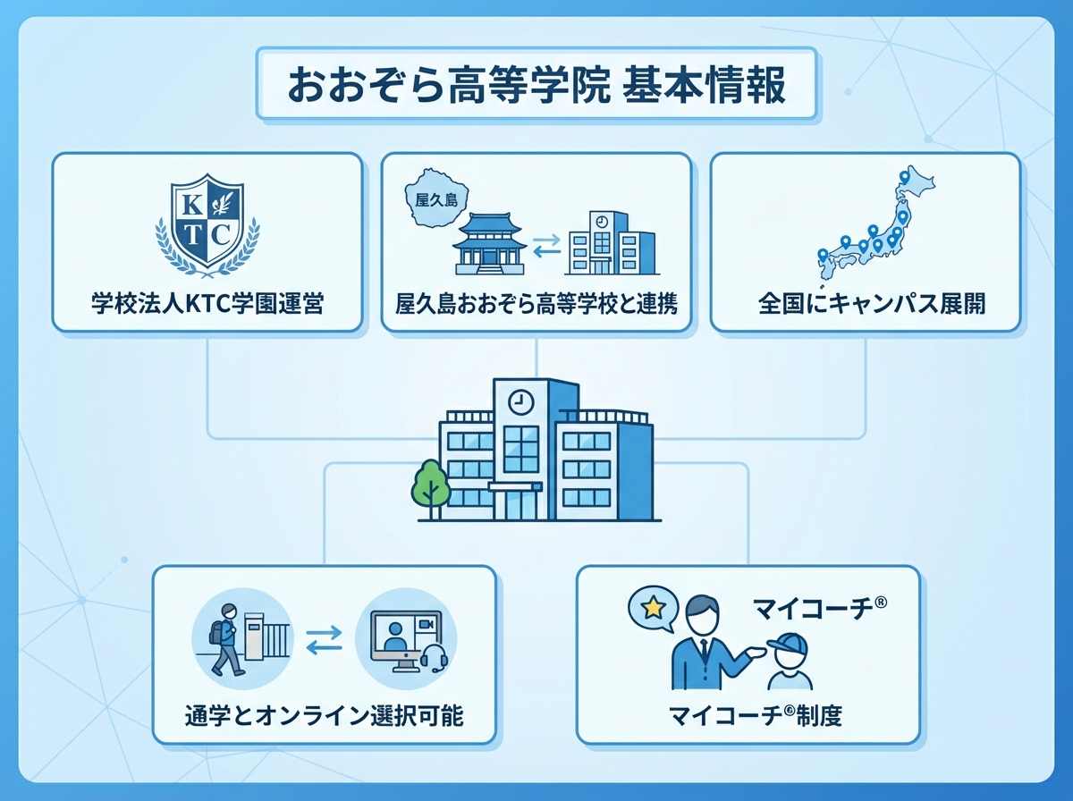 おおぞら高等学院の基本情報を示すインフォグラフィック。学校法人KTC学園運営、屋久島おおぞら高等学校との連携、全国展開するキャンパス、通学とオンライン選択可能、マイコーチ®制度を青系フラットデザインで図解