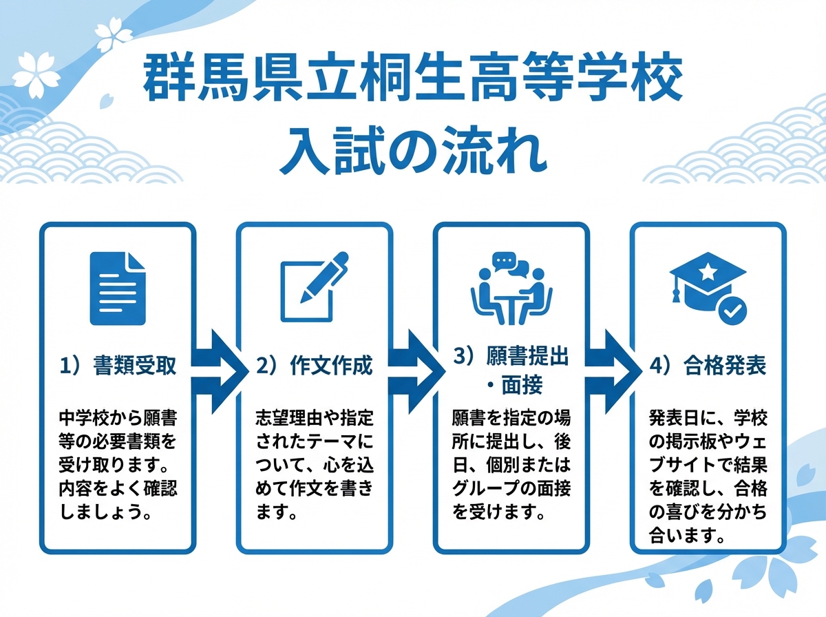 群馬県立桐生高等学校の入試の流れを示すインフォグラフィック。書類受取、作文作成、願書提出・面接、合格発表の4ステップをフロー図で説明