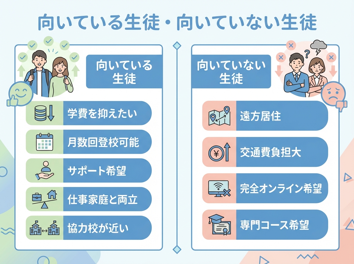 鹿児島県立開陽高等学校に向いている生徒・向いていない生徒を分類したインフォグラフィック。向いている生徒(学費重視、月数回登校可能など)と向いていない生徒(遠方居住、完全オンライン希望など)を生徒キャラクターイラストとともに説明