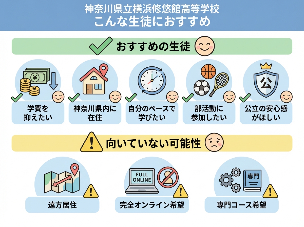 神奈川県立横浜修悠館高等学校におすすめの生徒タイプを示すインフォグラフィック。学費を抑えたい、神奈川県内在住など5つのおすすめポイントと、遠方居住など向いていない可能性がある3つのケースを説明