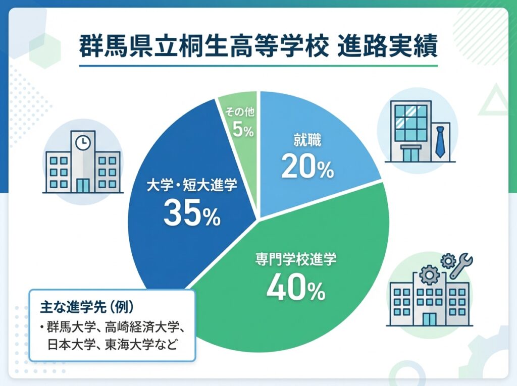 群馬県立桐生高等学校の進路実績インフォグラフィック。大学・短大進学35%、専門学校進学40%、就職20%、その他5%の割合を円グラフで表示。群馬大学、高崎経済大学などの進学先例も掲載