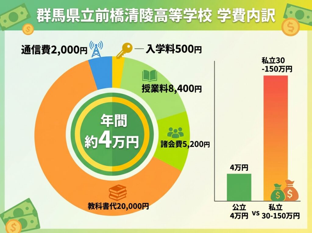 群馬県立前橋清陵高等学校の年間学費約4万円の内訳を円グラフで表示。入学料500円、授業料8,400円、諸会費5,200円、教科書代20,000円、通信費2,000円。私立通信制(30-150万円)との比較も掲載