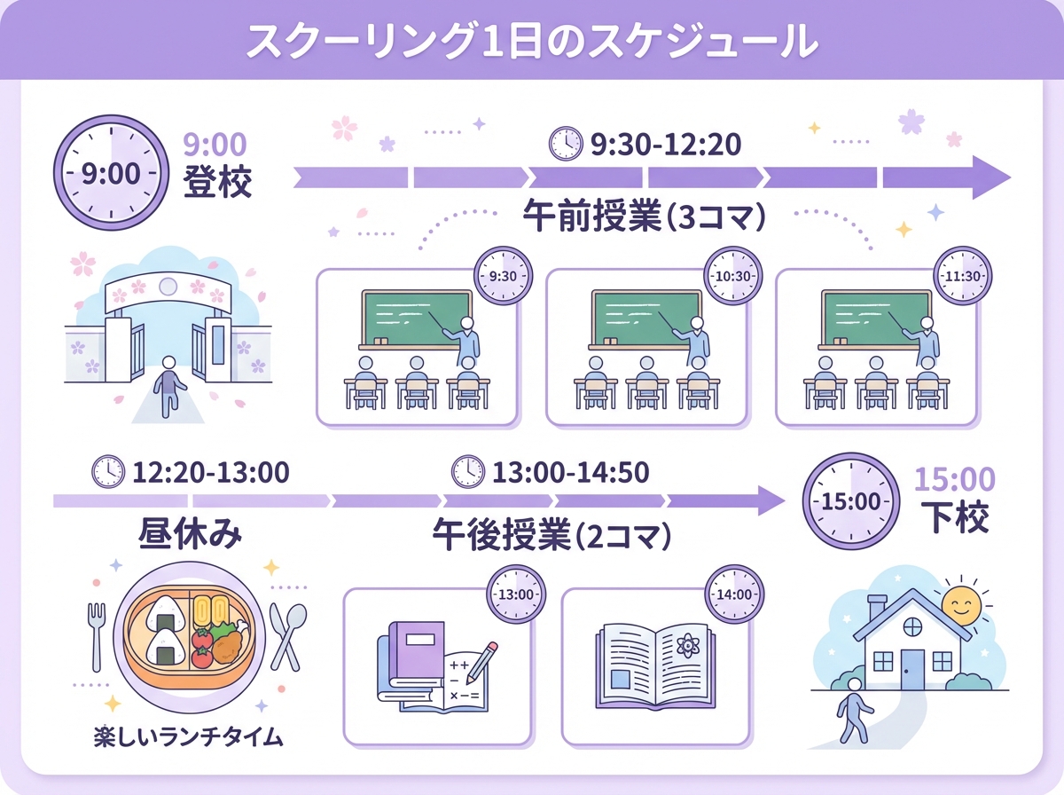 北海道有朋高等学校のスクーリング1日のスケジュールを示すインフォグラフィック。9時登校から15時下校まで、午前授業3コマ、昼休み、午後授業2コマの流れをタイムライン形式で表現したフラットデザイン図