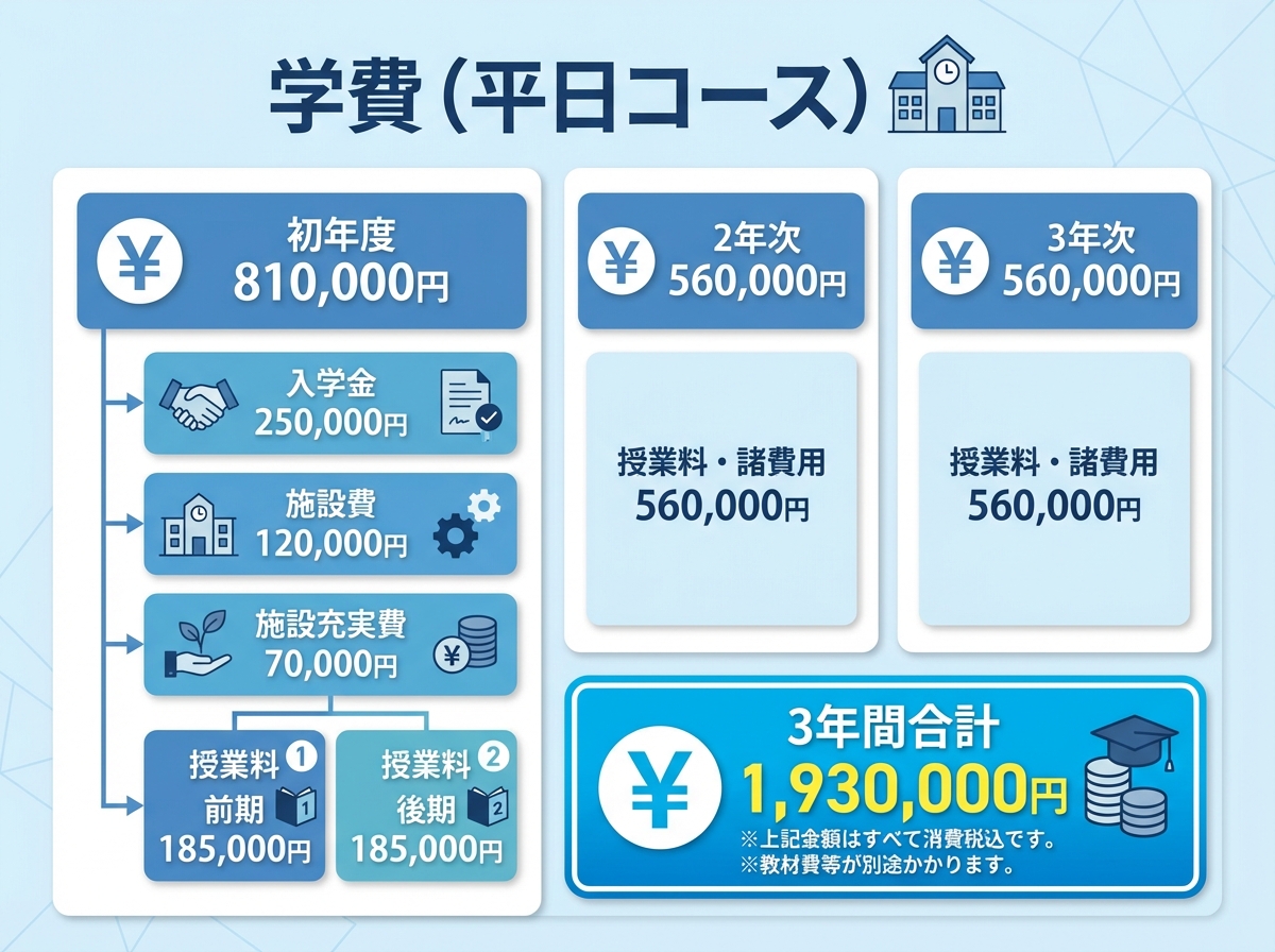 立志舎高等学校の平日コース学費について、初年度の内訳(入学金・施設費など)と2〜3年次、3年間総額を表形式でまとめたインフォグラフィック