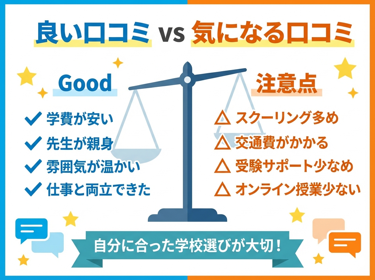 新潟県立新潟翠江高等学校の良い口コミと気になる口コミを天秤で比較したインフォグラフィック。学費の安さや温かい雰囲気が評価される一方、スクーリング回数や交通費、受験サポートの少なさが注意点として挙げられている。