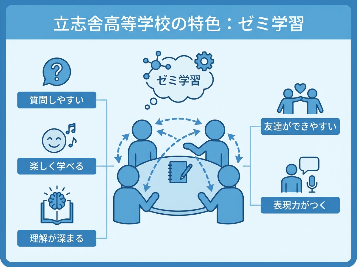立志舎高等学校の「ゼミ学習」を、少人数で教え合うイメージ図とメリット(質問しやすい等)の箇条書きで説明したインフォグラフィック