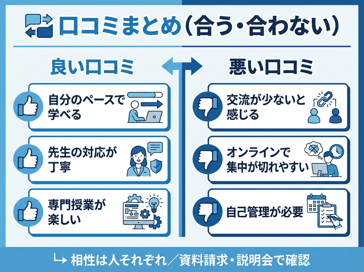 良い口コミ（自分のペース、丁寧対応、専門授業など）と悪い口コミ（交流が少ない、集中が切れやすい、自己管理が必要）を左右比較で整理した図