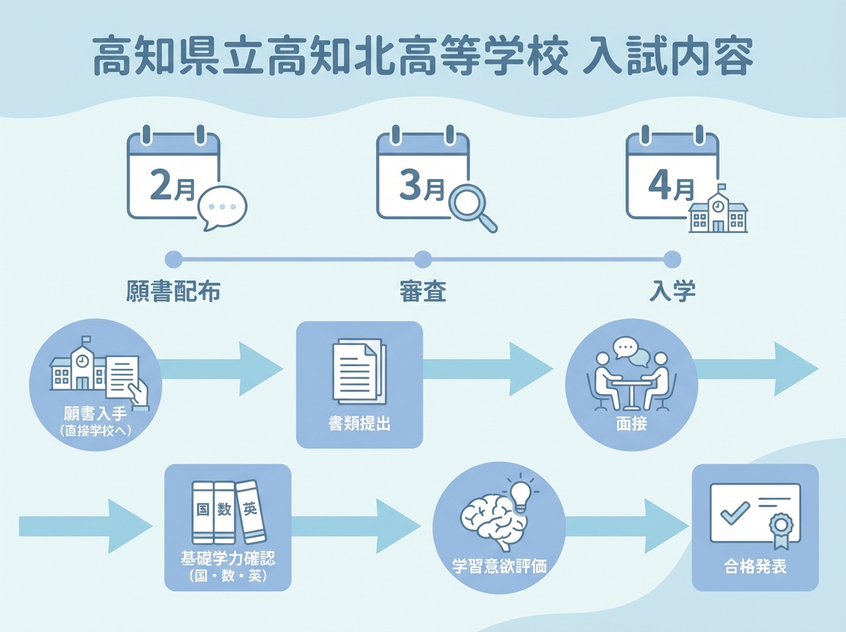 高知県立高知北高等学校(通信制)の入試内容フローチャート。願書入手から合格発表までの流れと2月願書配布、3月審査、4月入学のスケジュールを視覚的に表示