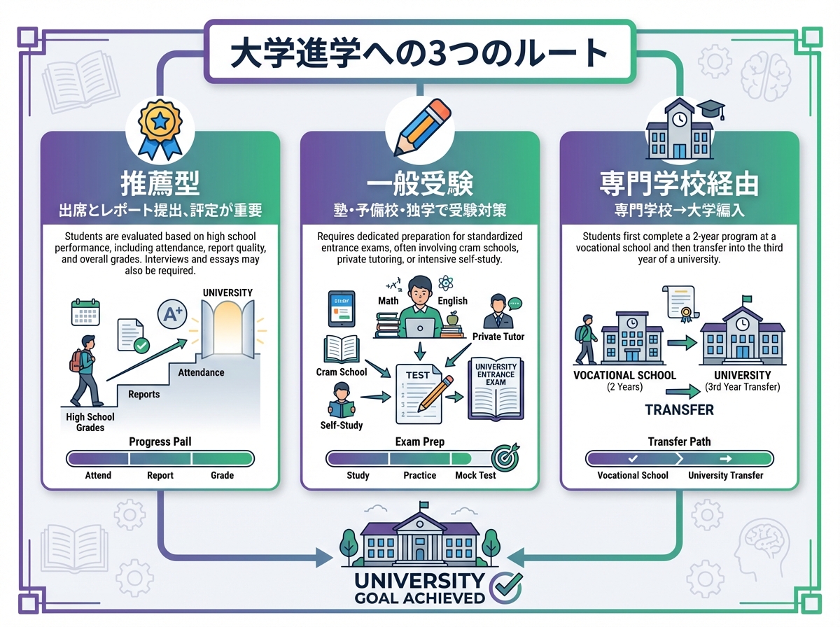 通信制高校から大学進学を目指す3つのルート。推薦型入試、一般受験、専門学校経由の各ルートの特徴と対策方法を説明したインフォグラフィック。
