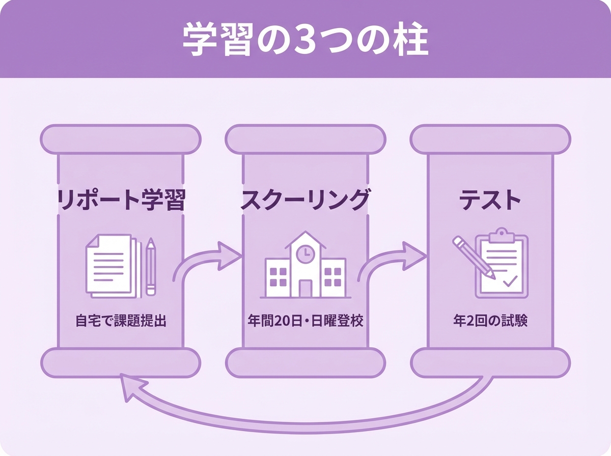 北海道有朋高等学校の学習システムを示すインフォグラフィック。リポート学習、スクーリング（年間20日・日曜登校）、テスト（年2回）の3つの柱を視覚的に表現したフラットデザイン図