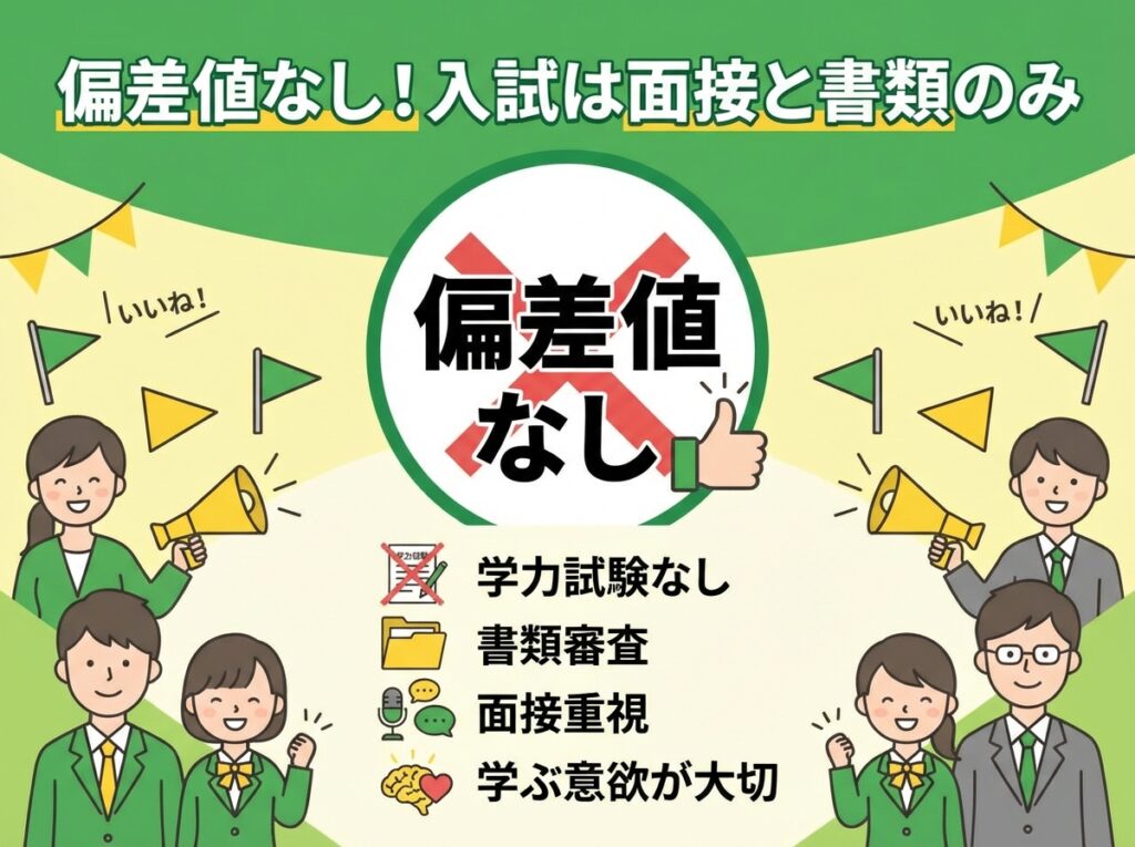 秋田県立秋田明徳館高等学校は偏差値なし、入試は面接と書類審査のみ、学力試験不要で学ぶ意欲を重視することを説明するインフォグラフィック
