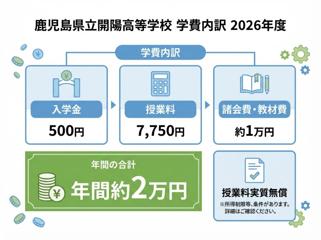 鹿児島県立開陽高等学校の学費内訳2026年度版。入学金500円、授業料7,750円、諸会費・教材費約1万円の内訳を表示。年間合計約2万円を強調し、授業料実質無償の注記を含むフラットデザインの学費説明図