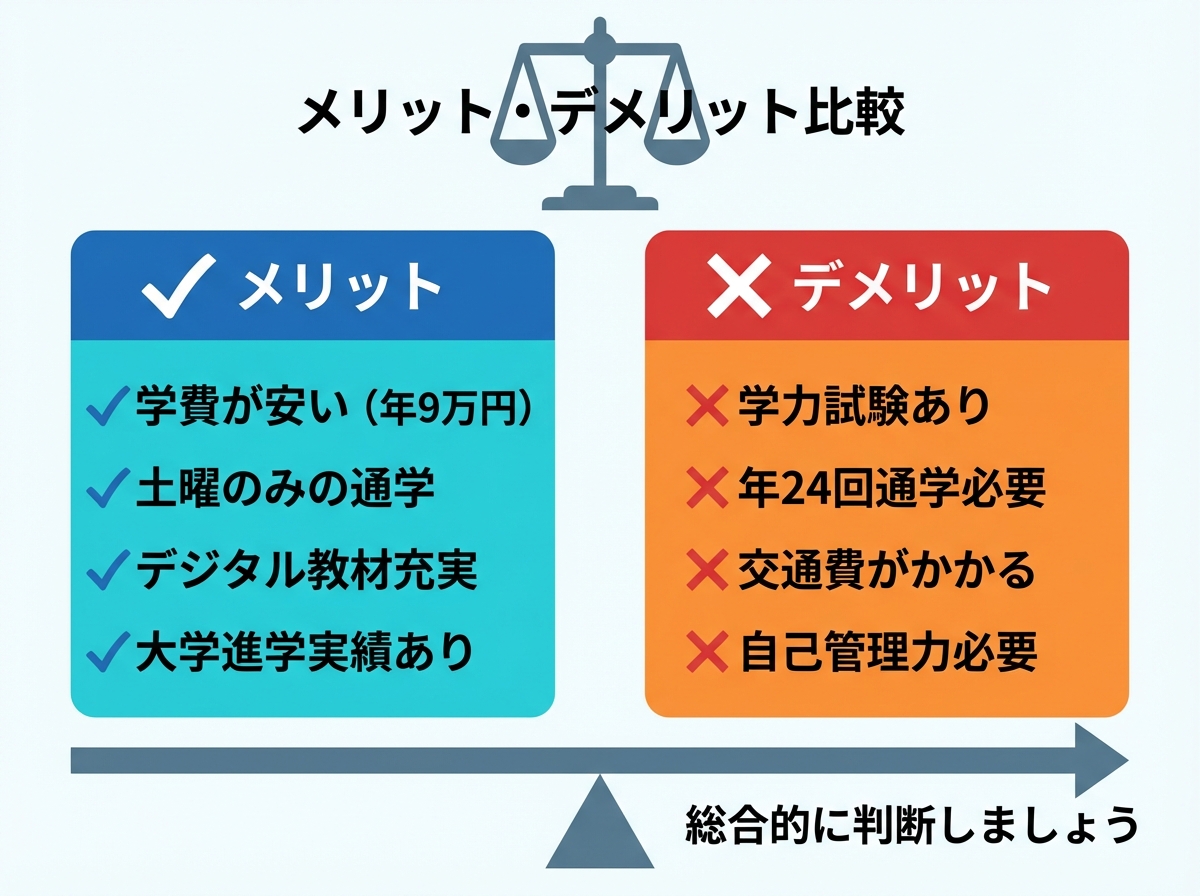 メリット・デメリット比較を示すインフォグラフィック。メリットは学費が安い(年9万円)、土曜のみの通学、デジタル教材充実、大学進学実績あり。デメリットは学力試験あり、年24回通学必要、交通費がかかる、自己管理力必要。総合的に判断しましょうという情報がブルーとレッドのカラーで表示されている