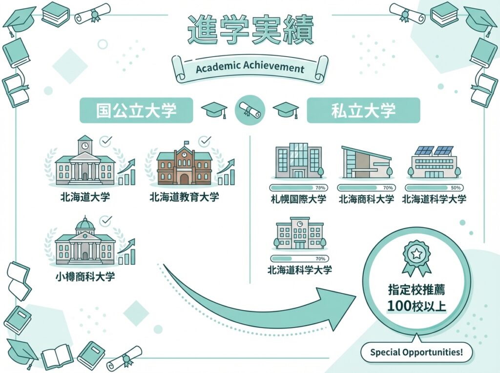 北海道有朋高等学校の進学実績を示すインフォグラフィック。北海道大学などの国公立大学、札幌国際大学などの私立大学への合格実績、指定校推薦100校以上という強みを視覚的に表現したフラットデザイン図