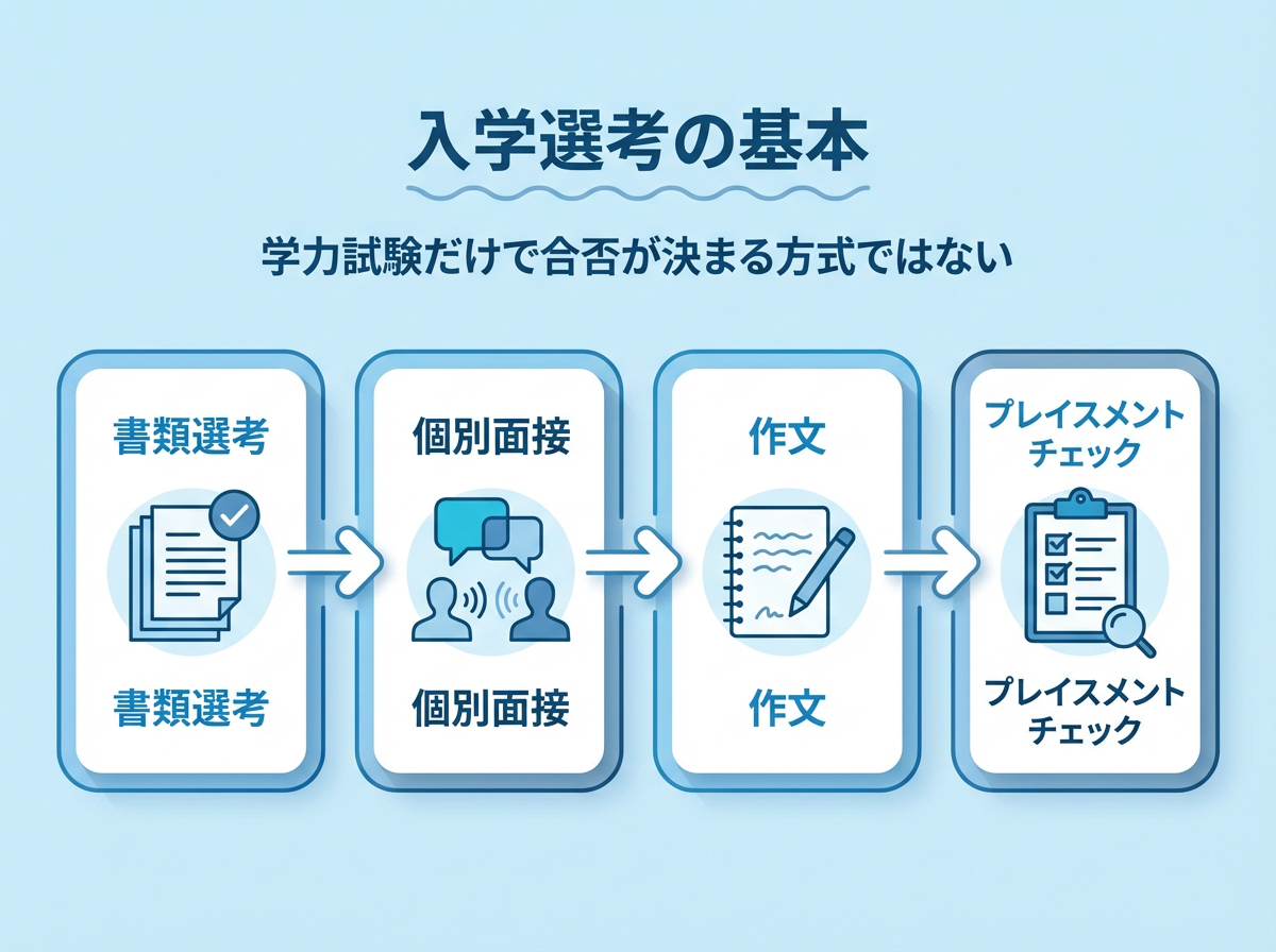 書類選考→個別面接→作文→プレイスメントチェックの順に進む入学選考の流れを、アイコン付きで横方向に示した青系フラットインフォグラフィック。