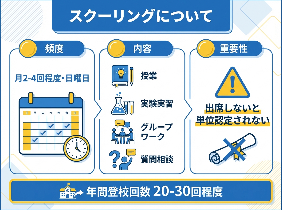 通信制高校のスクーリングに関する詳細情報。頻度(月2-4回・日曜日)、内容(授業・実験実習・グループワーク)、重要性(出席しないと単位認定されない)を説明したインフォグラフィック。
