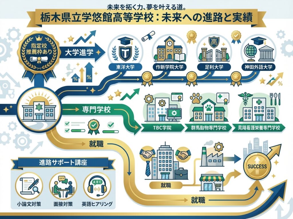 栃木県立学悠館高等学校の進路実績インフォグラフィック。大学進学(東洋大学、作新学院大学、足利大学、神田外語大学)、専門学校、就職の3つの進路。指定校推薦枠あり、進路サポート講座(小論文対策、面接対策、英語ヒアリング)を図解。