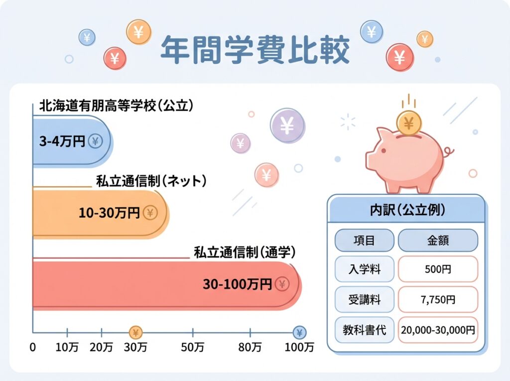公立通信制高校と私立通信制高校の年間学費を比較したインフォグラフィック。北海道有朋高等学校は年間3〜4万円、私立ネットコースは10〜30万円、私立通学コースは30〜100万円と、棒グラフで視覚的に比較したフラットデザイン図