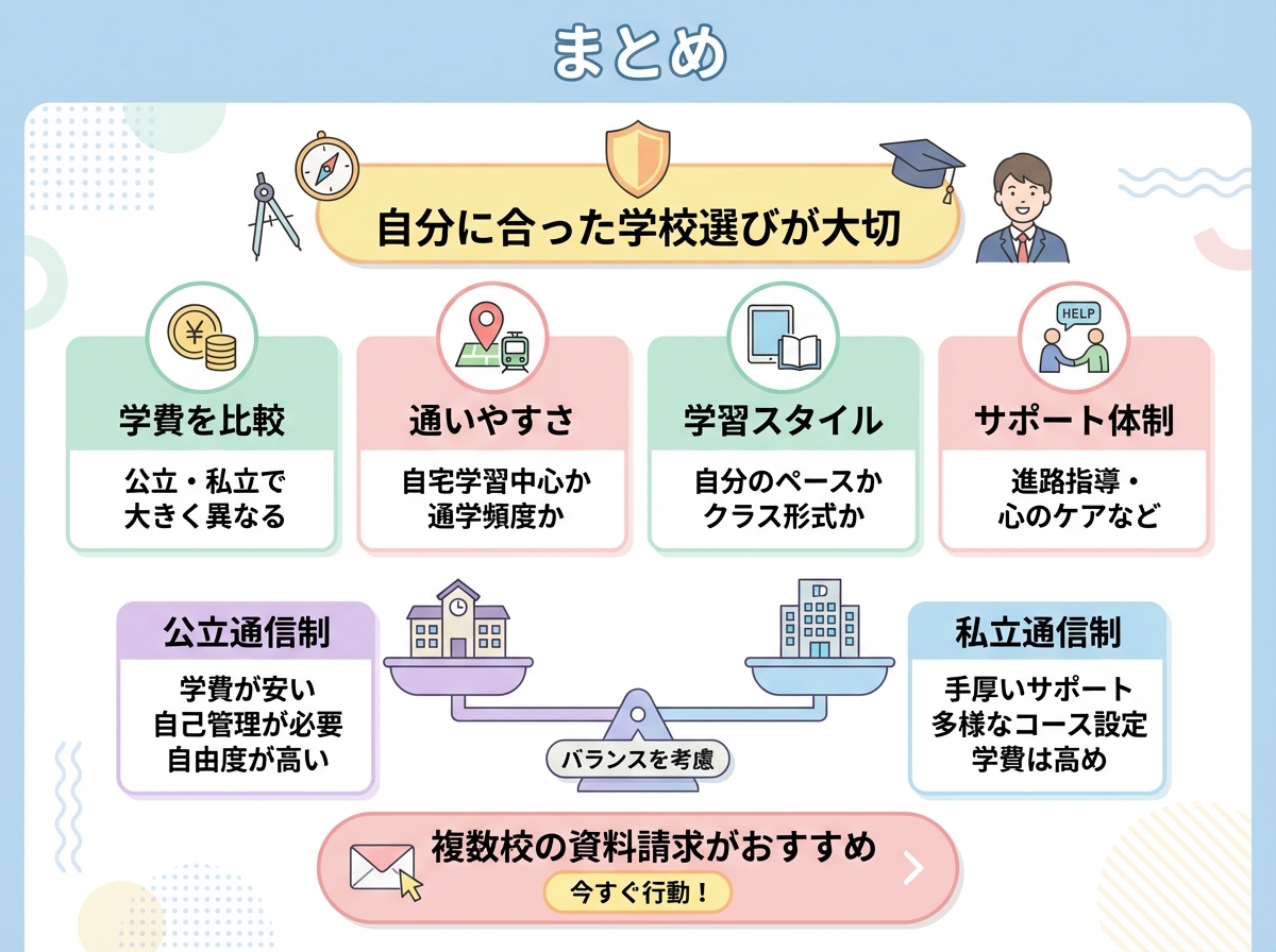 通信制高校選びのまとめを示すインフォグラフィック。中央に「自分に合った学校選びが大切」というメッセージが配置され、学費を比較、通いやすさ、学習スタイル、サポート体制の4つのチェックポイントが示されている。公立通信制と私立通信制の比較が天秤アイコンで表現され、複数校の資料請求がおすすめという行動喚起が含まれている