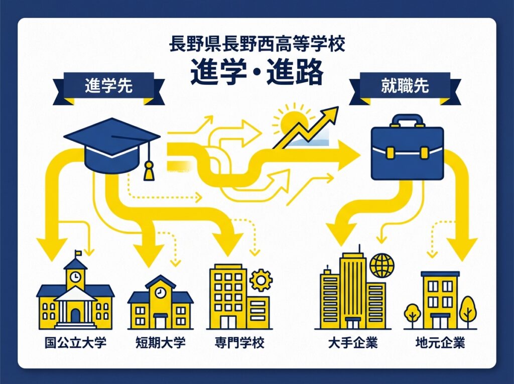 長野県長野西高等学校の進学・進路情報を示すインフォグラフィック。国公立大学・短期大学・専門学校への進学先と大手企業・地元企業への就職先を図解