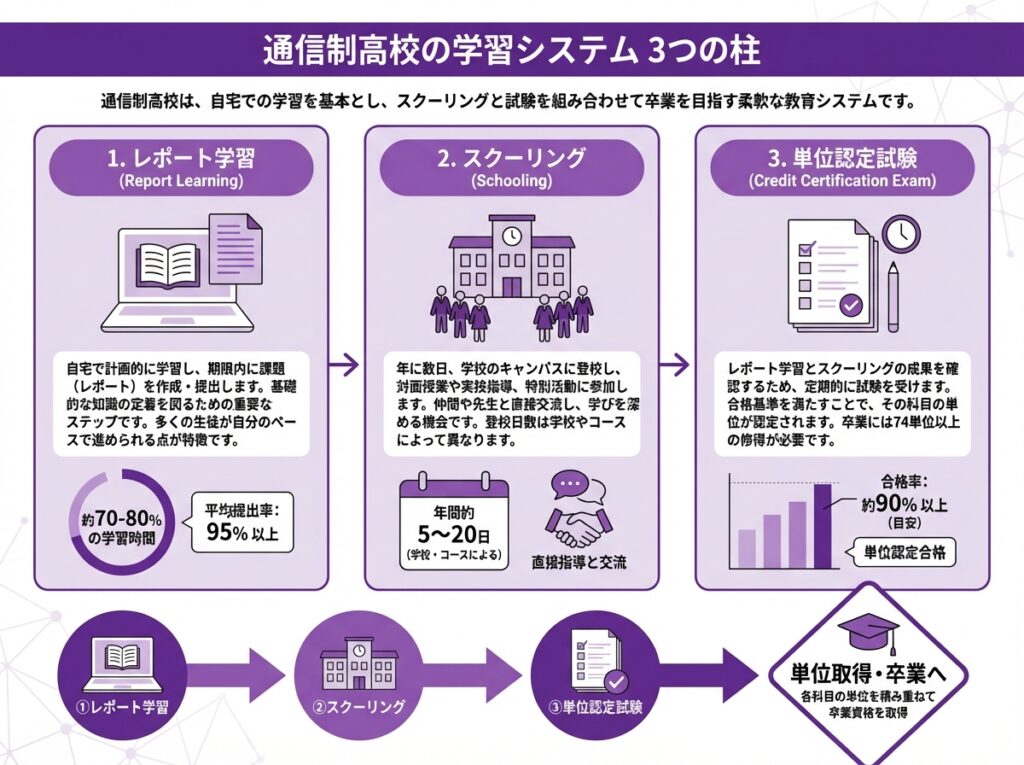 通信制高校の学習システムを説明するインフォグラフィック。レポート学習・スクーリング・単位認定試験の3つの柱が詳しく説明され、学習の流れがフローチャートで表現されている。紫と白の配色でノートパソコン、学校、テスト用紙のアイコン付き。