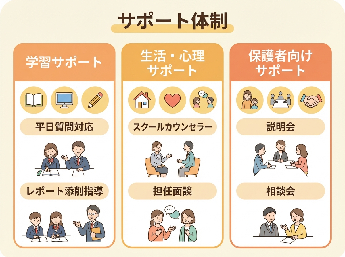 群馬県立高崎高等学校(通信制)のサポート体制インフォグラフィック。3つのサポート領域(学習、生活・心理、保護者)を柱状に配置し、平日質問対応、レポート添削指導、スクールカウンセラー、担任面談、説明会・相談会をオレンジと黄色の配色で表示