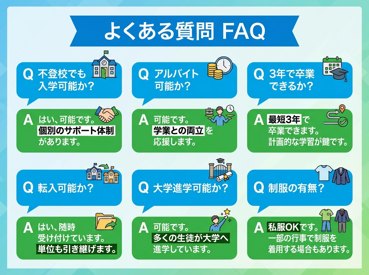 群馬県立高崎高等学校(通信制)のサポート体制インフォグラフィック。3つのサポート領域(学習、生活・心理、保護者)を柱状に配置し、平日質問対応、レポート添削指導、スクールカウンセラー、担任面談、説明会・相談会をオレンジと黄色の配色で表示