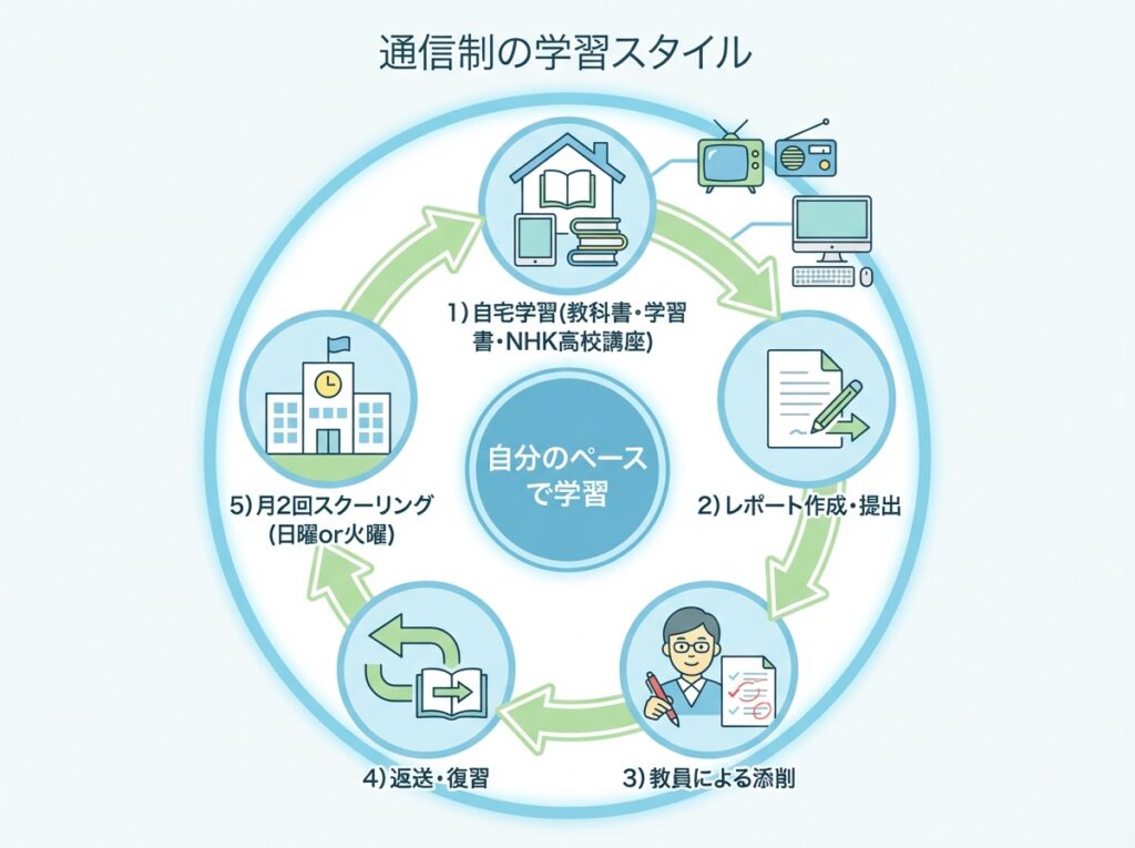 通信制の学習スタイルを示す循環図。自宅学習（教科書・学習書・NHK高校講座）→レポート作成・提出→教員による添削→返送・復習→月2回スクーリング（日曜or火曜）のサイクルで自分のペースで学習できることを表示