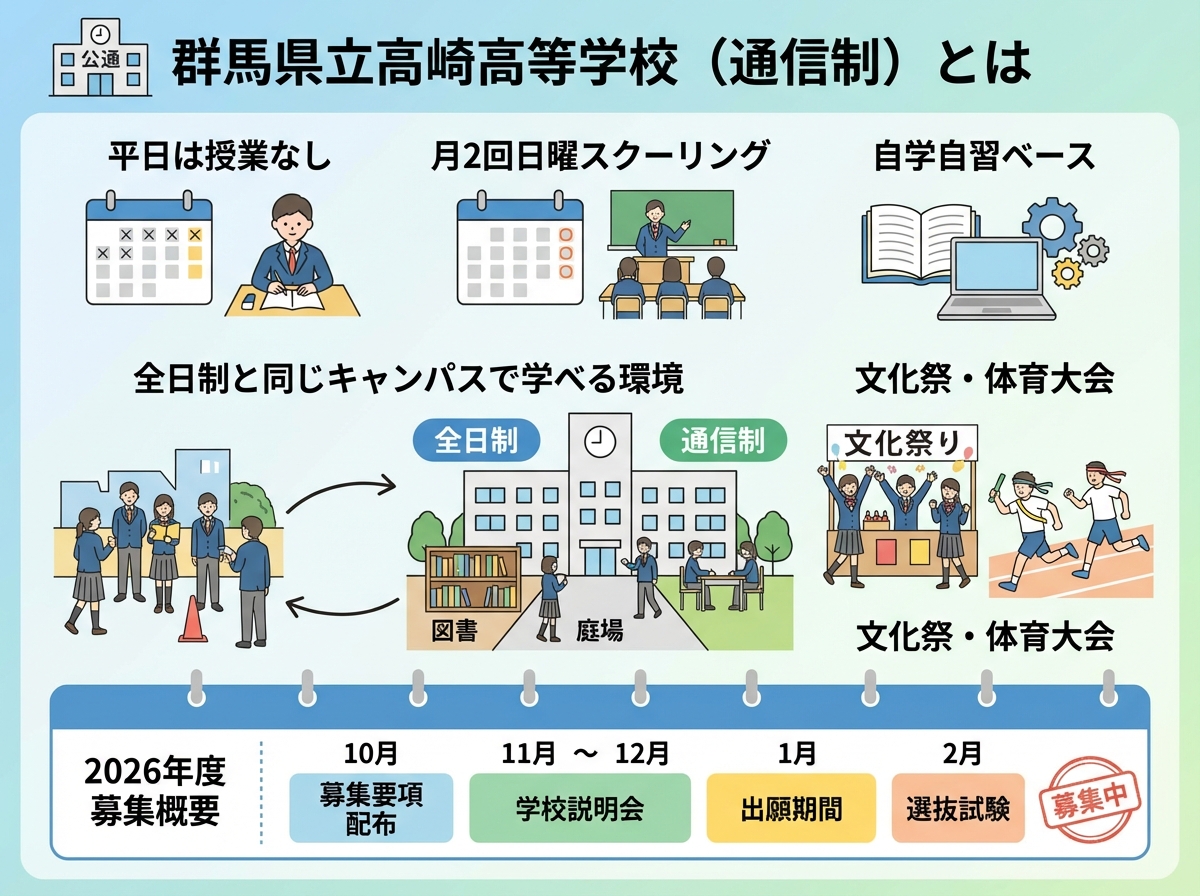 群馬県立高崎高等学校(通信制)の基本情報インフォグラフィック。平日は授業なし、月2回日曜スクーリング、自学自習ベースの3つの特徴と、全日制と同じキャンパスで学べる環境、文化祭や体育大会などの特別活動、2026年度募集概要をフラットデザインで表示。