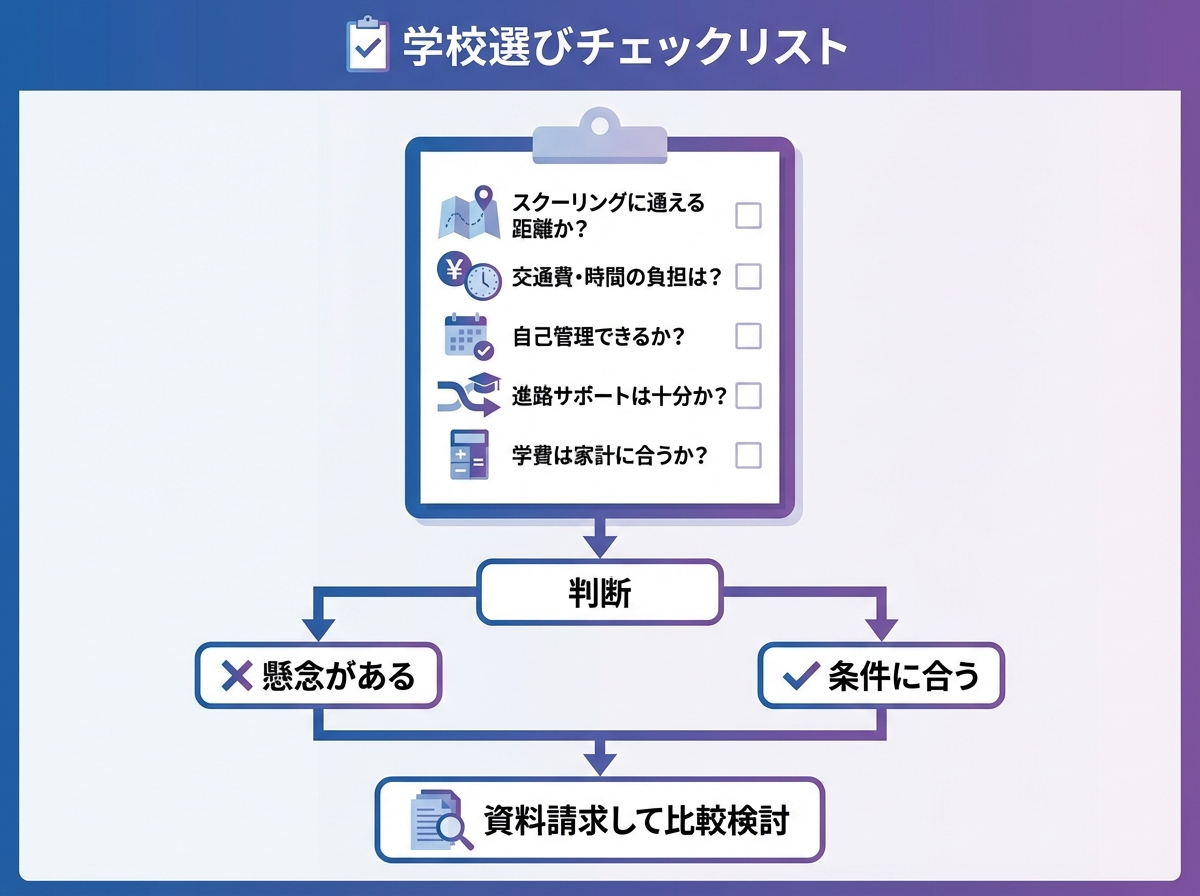 山形県立霞城学園高等学校の進路サポート体制を示すインフォグラフィック。進路ガイダンス、進路講話、卒業体験記、ハローワーク連携、個別相談の5つの支援内容を黄色と緑の温かいカラーで表現したフラットデザイン