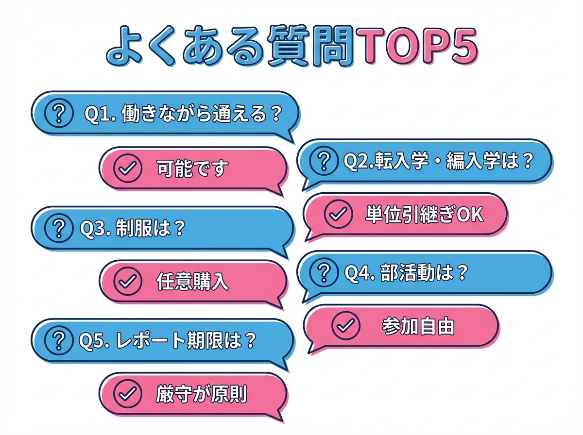 よくある質問TOP5をQ&A形式で図解。働きながら通学可能か、転入学・編入学、制服、部活動、レポート期限について回答