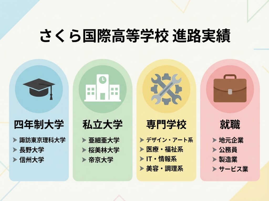 さくら国際高等学校の進路実績インフォグラフィック。四年制大学、私立大学、専門学校、就職の4つのカテゴリーに分けて具体的な進路先を表示