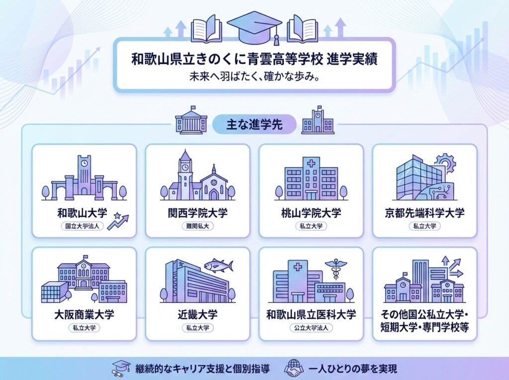 和歌山県立きのくに青雲高等学校の進学実績:和歌山大学、関西学院大学など主要大学への進学先を示すインフォグラフィック