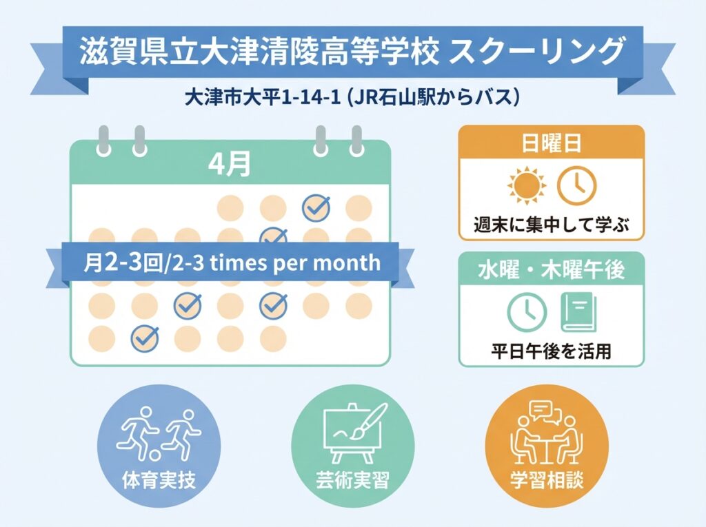 滋賀県立大津清陵高等学校のスクーリングは月2-3回、日曜日または水曜木曜午後、体育実技・芸術実習・学習相談、大津市大平1-14-1、JR石山駅からバス