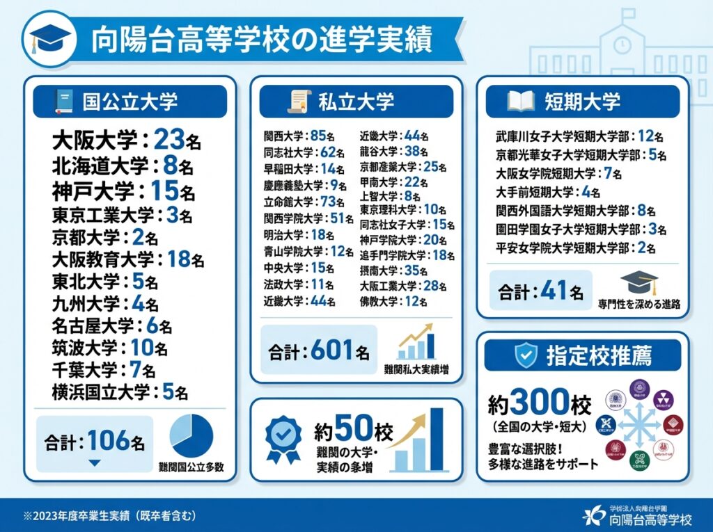 向陽台高等学校の進学実績を示すインフォグラフィック。国公立大学、有名私立大学への合格実績と約300校の指定校推薦枠を図解