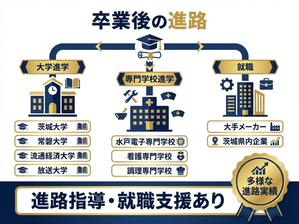 卒業後の進路を示すインフォグラフィック。大学進学（茨城大学、常磐大学、流通経済大学、放送大学など）、専門学校進学（水戸電子専門学校、看護専門学校、調理専門学校など）、就職（大手メーカー、茨城県内企業）の3つの進路。進路指導・就職支援あり、多様な進路実績を表示

