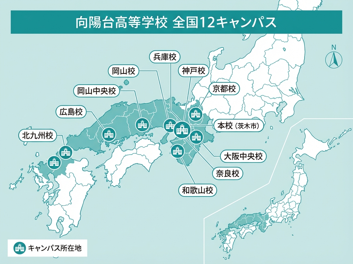 向陽台高等学校の全国12キャンパスを示すインフォグラフィック。西日本を中心とした大阪、京都、奈良、兵庫、岡山、広島、福岡などの拠点を地図で図解